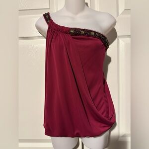 Elegant Burgundy magenta One-Shoulder Top beaded BCBGMAXAZRIA XS BCBG